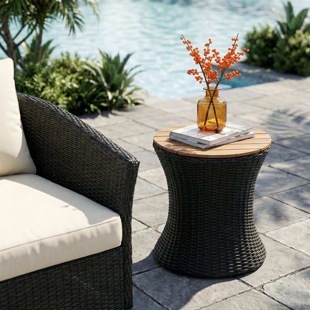 Belmida Round Black Wicker Outdoor Side Table with Solid Wood Top price history on PriceWatchPro