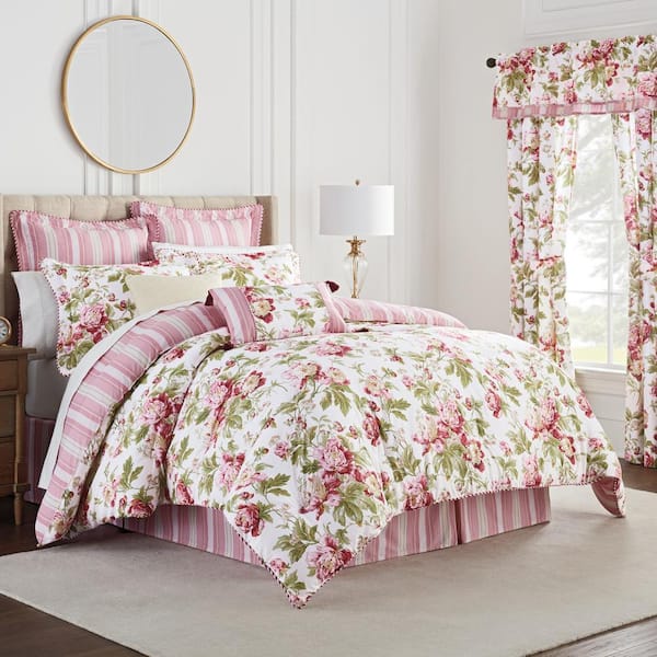 Waverly forever Peony 4-Piece Berry Floral Cotton Queen Comforter Set  13513000158 - The Home Depot