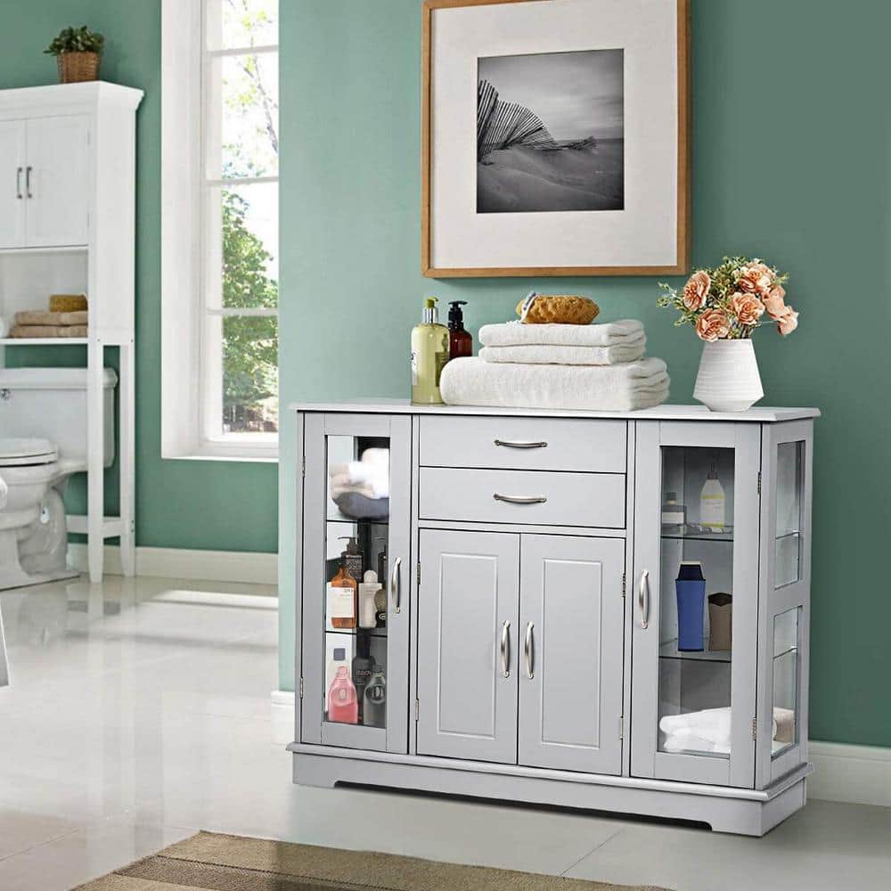 Gray Tempered Glass and MDF Sideboard Buffet Cabinet with Drawers
