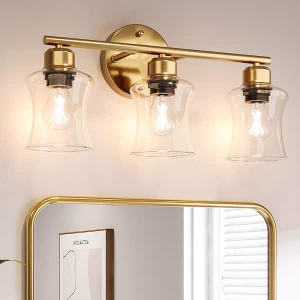 17.6 in. 3-Light Gold Bathroom Vanity Light, Modern Wall Lights with Clear Glass Shades