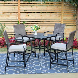 Black 5-Piece Metal Square Outdoor Bistro Patio Bar Set with Slat Bar Table and Rattan Bistro Chairs with Beige Cushion