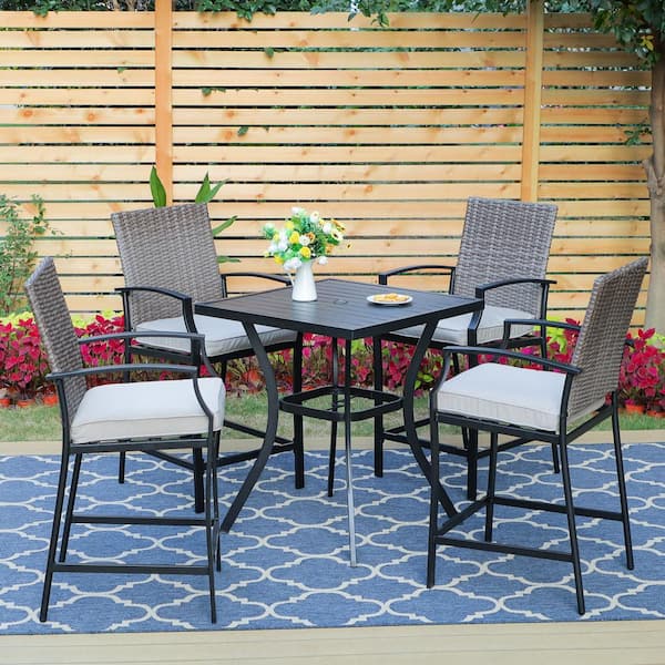 PHI VILLA Black 5-Piece Metal Square Outdoor Bistro Patio Bar Set with Slat Bar Table and Rattan Bistro Chairs with Beige Cushion