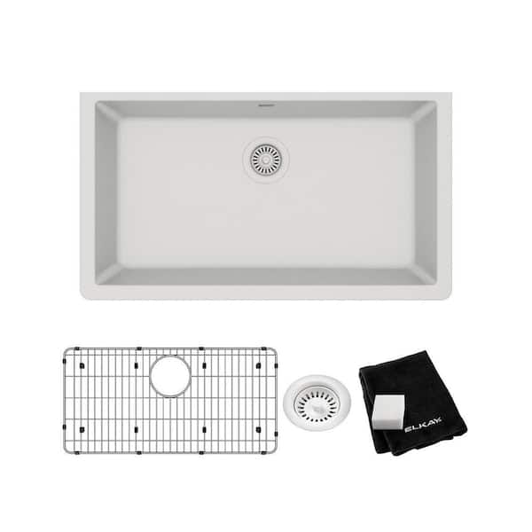 Elkay Quartz Classic  33in. Undermount 1 Bowl  White Granite/Quartz Composite Sink w/ Accessories