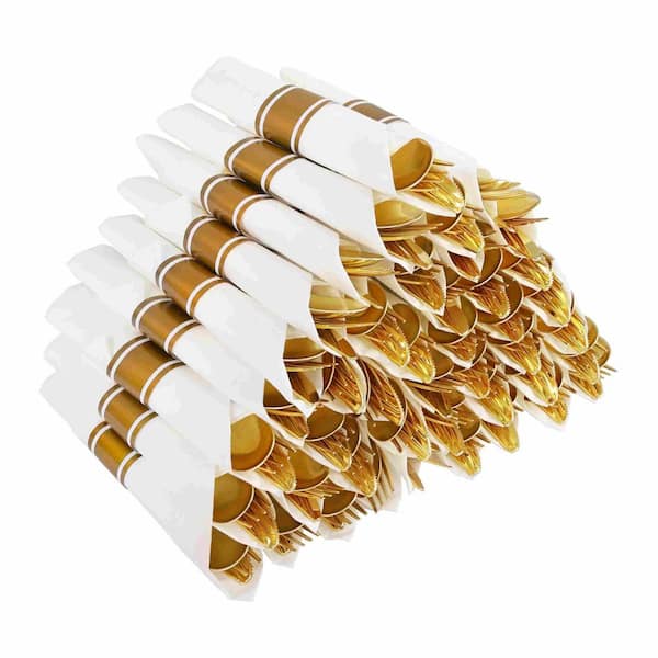 50 Pack Pre Rolled Gold Plastic Silverware Sets, Heavy Duty Disposable Utensils with Napkins for Wedding Party