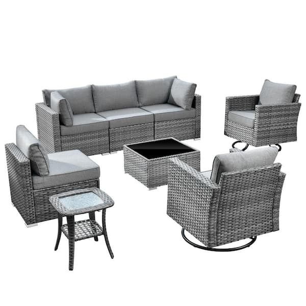 Sanibel Gray 8-Piece Wicker Outdoor Patio Conversation Sofa Set with Swivel Rocking Chairs and Dark Gray Cushions