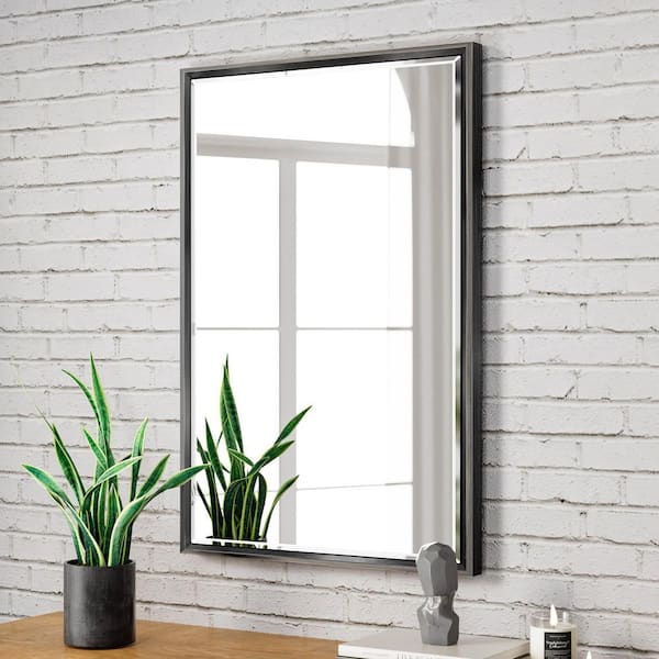 OnaBella 24 in. W x 36 in. H Rectangular Aluminum Thin Framed Wall Mount Beveled Bathroom Vanity Mirror in Black