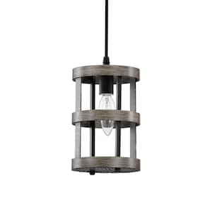 Dania 5 in. 1-Light Matte Black and Gray Cage Pendant Light Faux Wood Grain Finish with Light Kit, Indoor