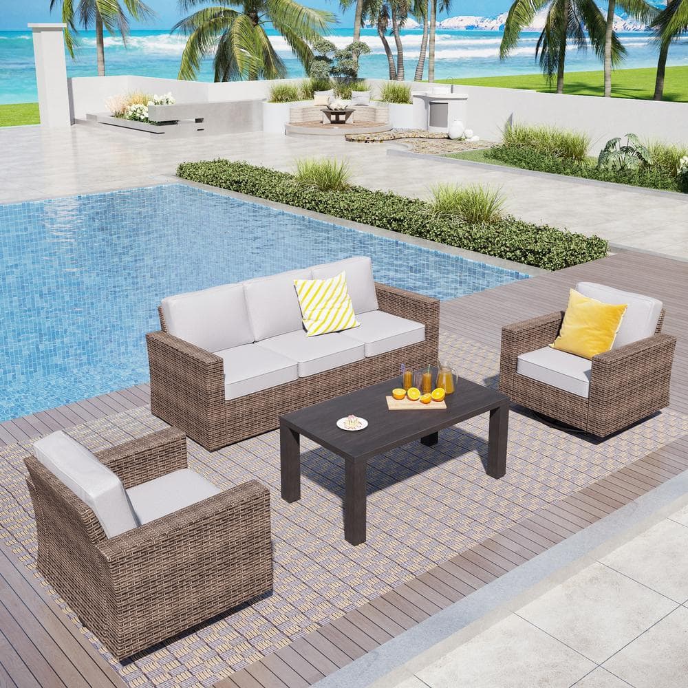 Brown Rattan Wicker 4-Piece Outdoor Patio Conversation Set with Swivel Rocking Chairs, Table, and Light Gray Cushions -  PHI VILLA, THD5-C801