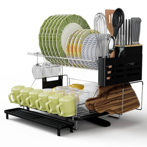 Costway Silver and Black Drying Dish Rack Detachable 2 Tier Dish