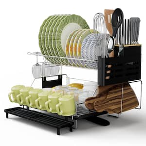 Silver and Black Drying Dish Rack Detachable 2 Tier Dish Rack with Drainboard for Kitchen Counter