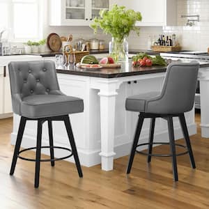Roman 26.5 in. Dark Gray Faux Leather Solid Wood Leg Counter Height Swivel Bar Stool With Back（Set of 2）