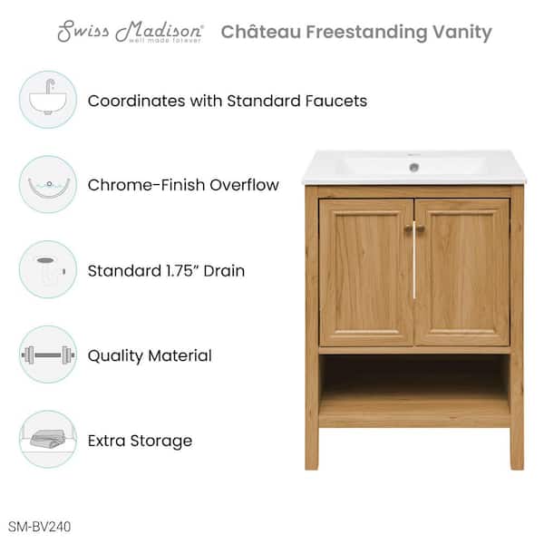 Chateau 24 in. W x 23.55 in. D x 39.25 in. H 1 Freestanding Bath Vanity in Natural Oak with White Ceramic Top