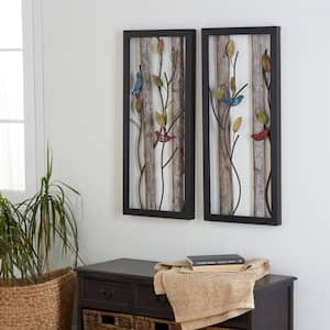 Metal Black Bird Wall Decor with Real Wood Detailing (Set of 2)
