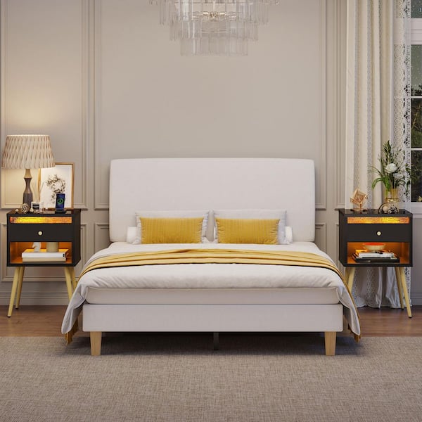 PINMOCO Black 1-Drawer High Glossy Nightstand Side Table with LED and Charging Station (Set of 2)