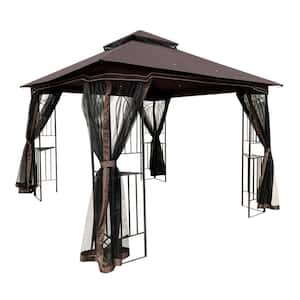 10 ft. x 10 ft. Brown Outdoor Patio Soft Top Powder-Coated Steel Gazebo, with Double Roof and Detachable Mosquito Net