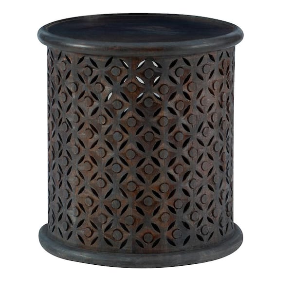 Linon Home Decor Elia Dark Grey Solid Mango Wood Side Table with Hand Carved Lattice Pattern