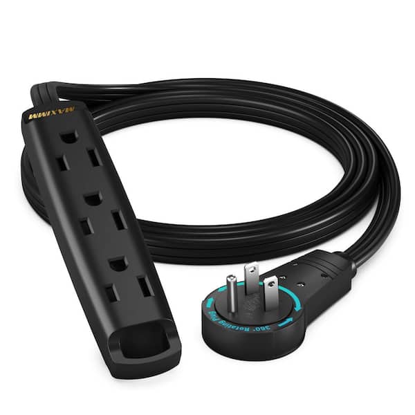 MAXIMM 3 ft. 16/3 Light Duty Indoor Extension Cord 360° Rotating Flat Plug 1-Sided with Loop, Black