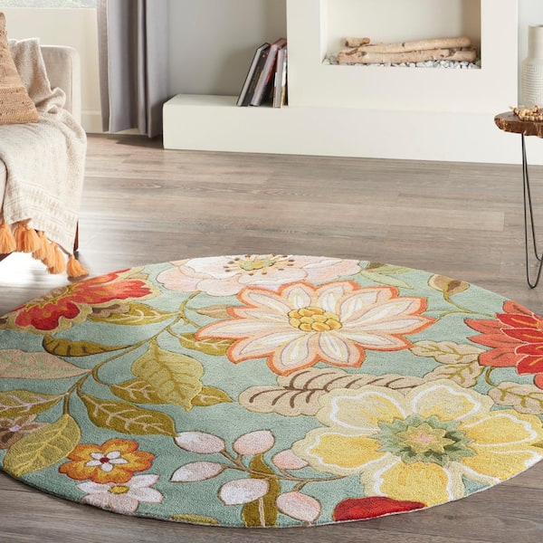 Fantasy Aqua 6 ft. x 6 ft. Floral Contemporary Round Area Rug