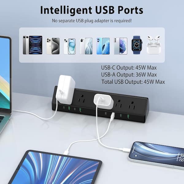 45W Black Desk Clamp Surge Protector Power Strip with 8 Outlet, 4 USB-C and4 USB-A, 1875W for Home Office Desk