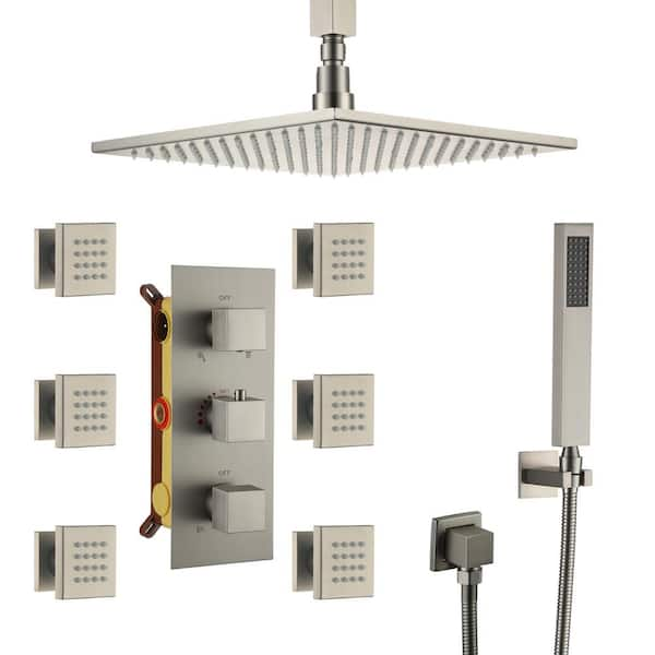 1-Spray 2.5 GPM 12 in. Ceiling Mount Dual Shower Heads Fixed and Handheld Shower Heads with LED Light in Brushed Nickel