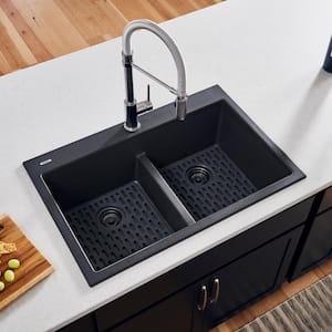 33 in. x 22 in. Double Bowl Drop-in Granite Composite Kitchen Sink in Midnight Black