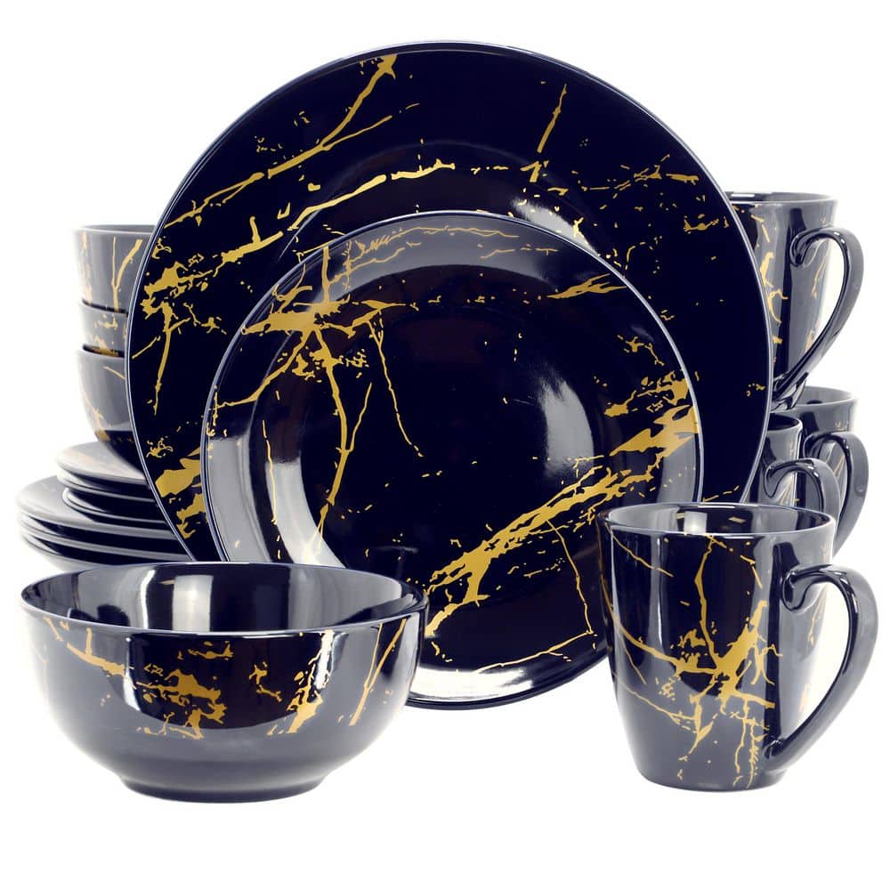 Gilded Stone 16 Piece Ceramic Dinnerware Set in Dark Blue with Gold Veining