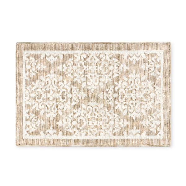 TOWN & COUNTRY LIVING Everyday Walker Damask Medallion Beige 24 in. x 40 in. Machine Washable Kitchen Mat
