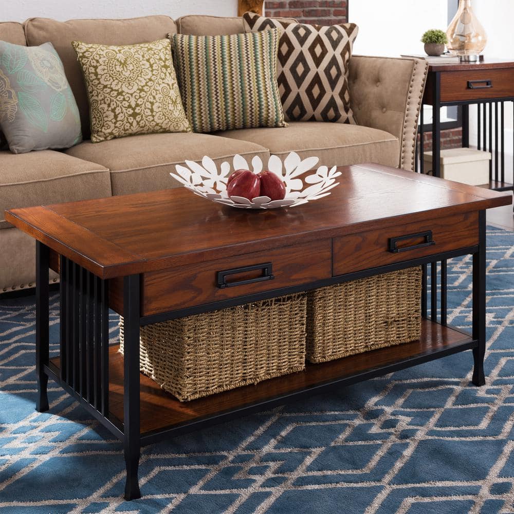 Mission Oak and Black Rectangular Wood Coffee Table with Storage