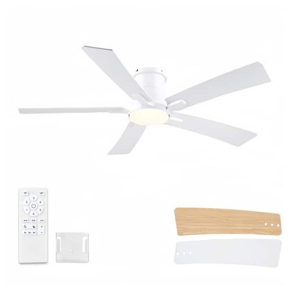 Realmate Modern 52 in. Indoor White Flush Mount Ceiling Fan with Integrated LED Light, Remote Control and 5 Reversible Blades
