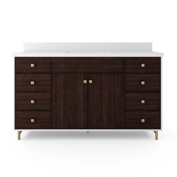 SCOTT LIVING LaRue 60 in. W x 20 in. D x 34.5in. H Bathroom Vanity in Bright White, Cherry w/Quartz Top in White w/White Basin