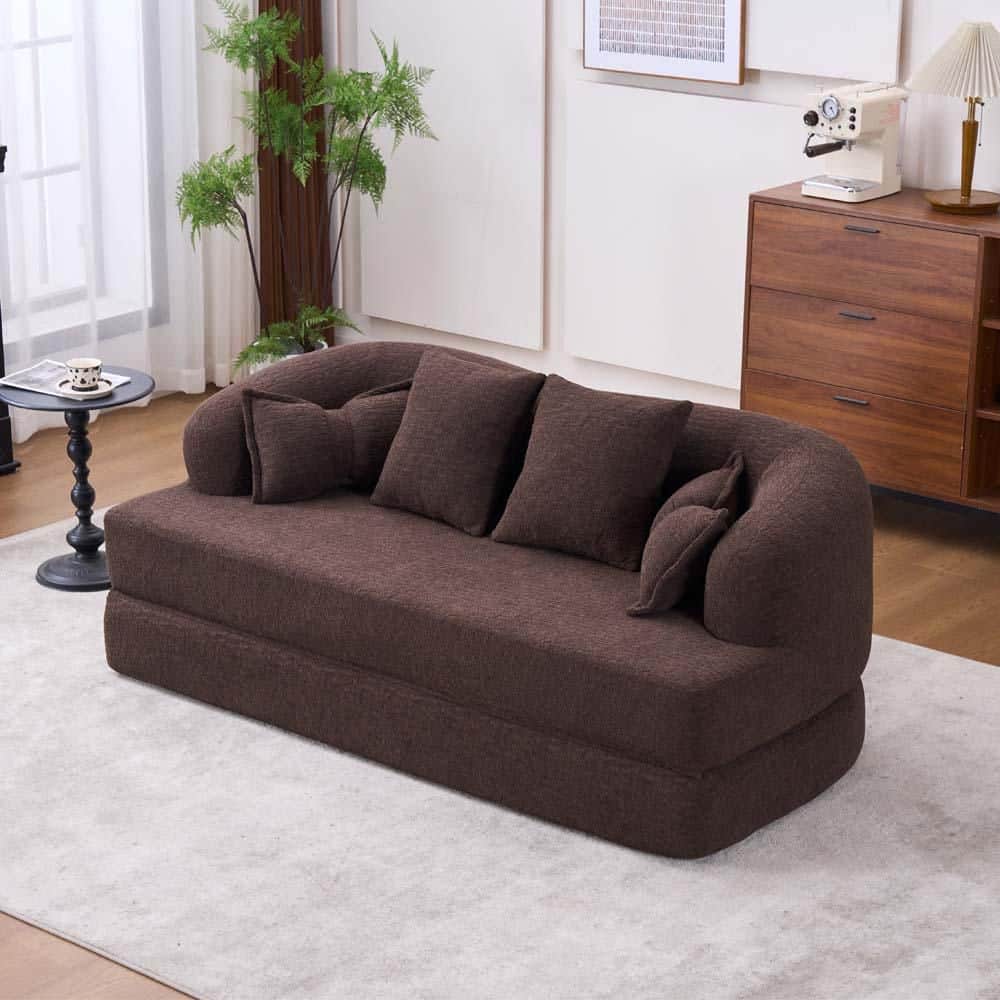 Seafuloy Brown Chenille Two Arm Chaise Lounge, Folding Boneless Couch, Convertible Sofa Bed