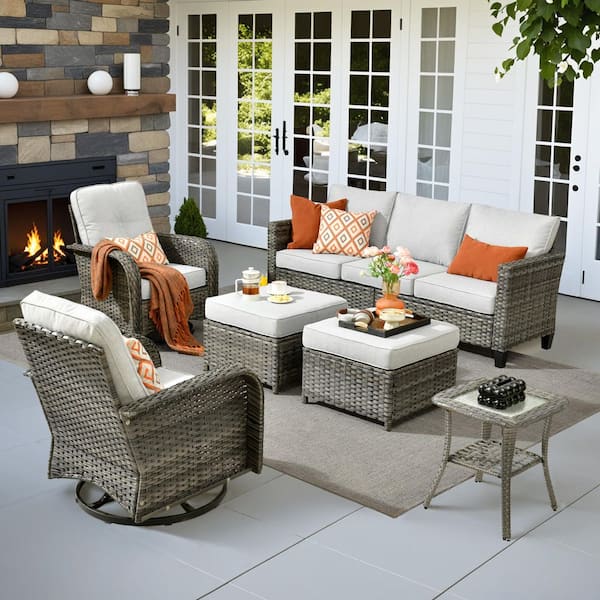 Toject Daphne 6-Piece Wicker Patio Conversation Sofa Seating Swivel Rocking Chairs Set with Ottomans and Light Gray Cushions