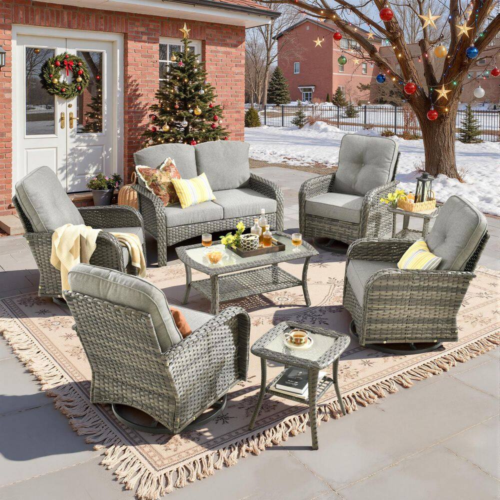 Denali Gray 8-Piece Wicker Patio Conversation Sofa Seating Set with Swivel Rocking Chairs and Dark Gray Cushions price history on PriceWatchPro