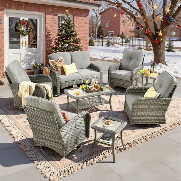 Denali Gray 8-Piece Wicker Patio Conversation Sofa Seating Set with Swivel Rocking Chairs and Dark Gray Cushions