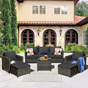 Mars Gray 6-Piece Wicker Outdoor Patio Conversation Seating Set Black Cushions