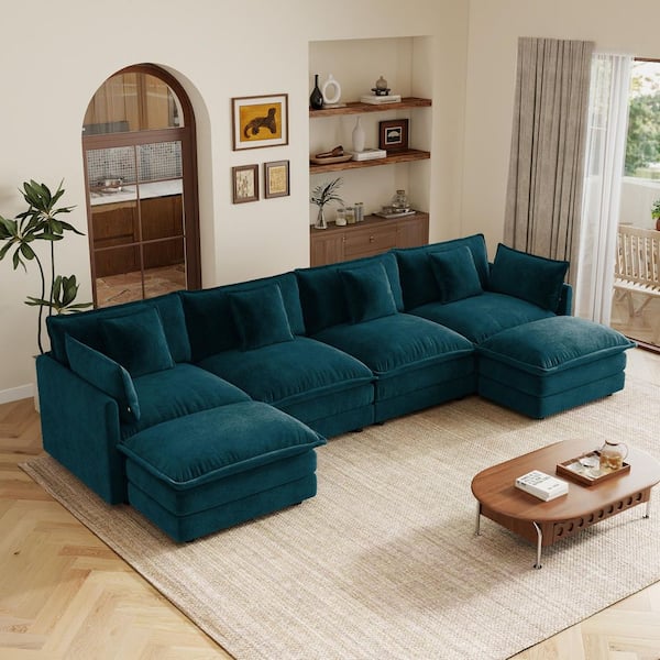 Modern 137 in. Square Arms Chenille U-Shaped Sectional Sofa in Blue with 2 Ottomans