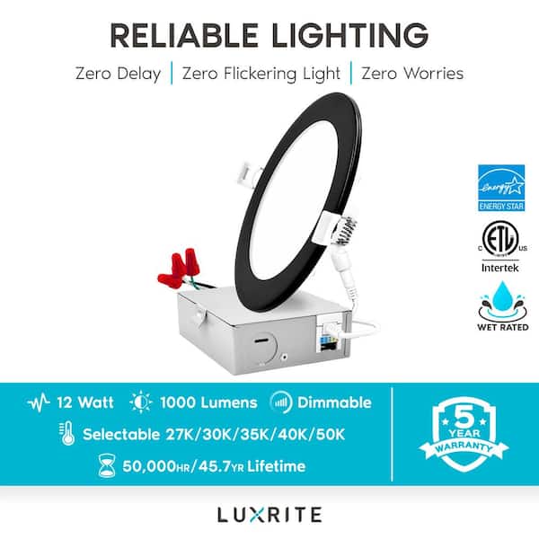 6 in. Canless Ultra Thin with J-Box 12-Watt CCT 2700K - 5000K Remodel Integrated LED Recessed Light Kit in Black