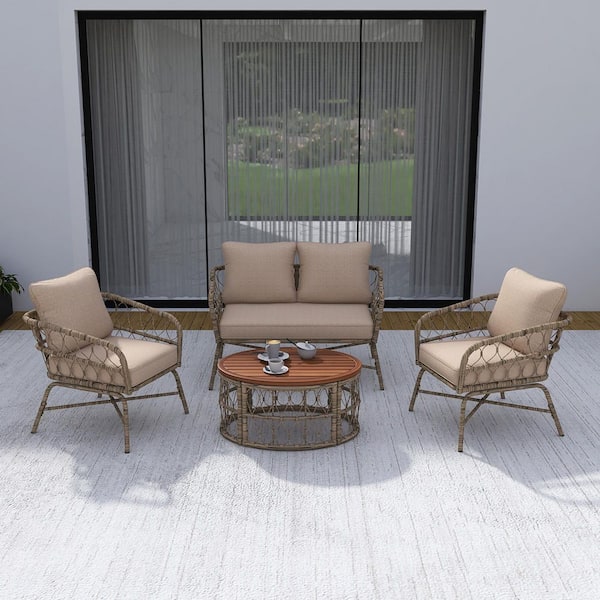 Boosicavelly 4-Piece Wicker Patio Conversation Set with Wood Tabletop and Beige Cushions