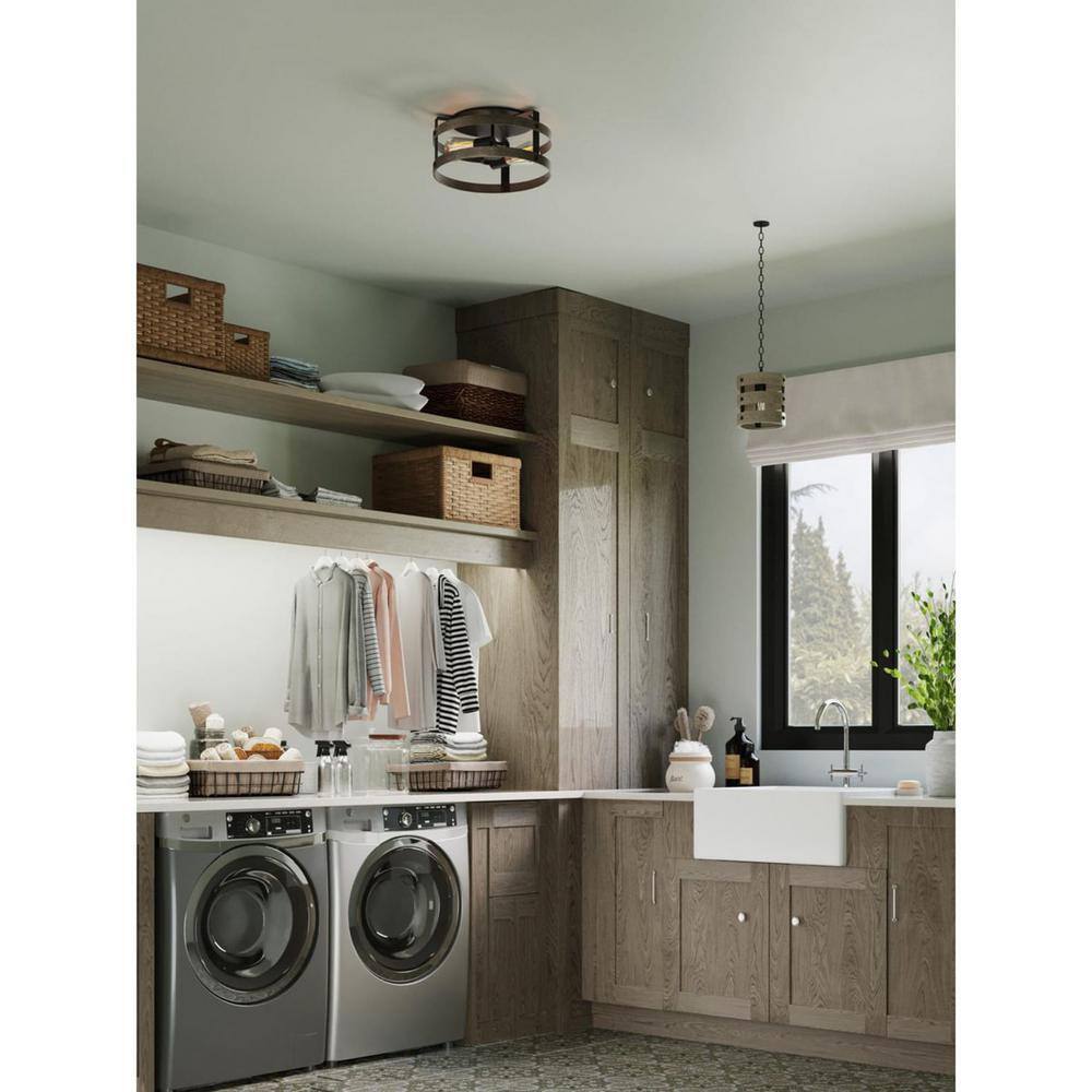 Gulliver 14'' Graphite Modern Farmhouse Flush Mount Ceiling Light with Faux-Wood Accents