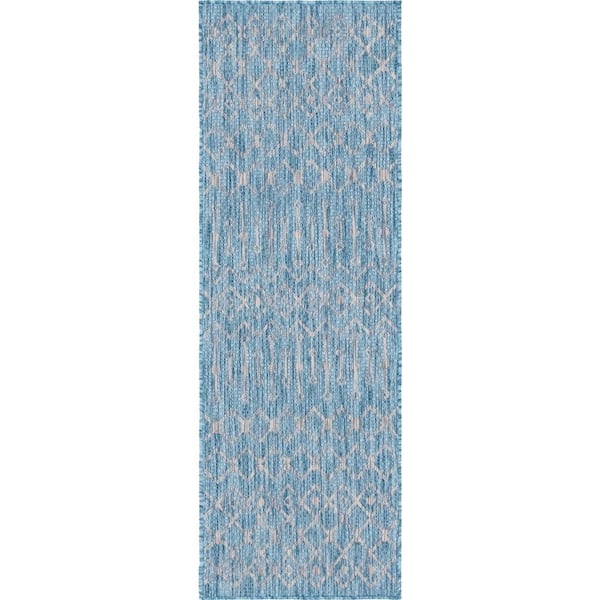 Aqua Blue/Gray Tribal Trellis Outdoor 2 ft. x 6 ft. Runner Rug