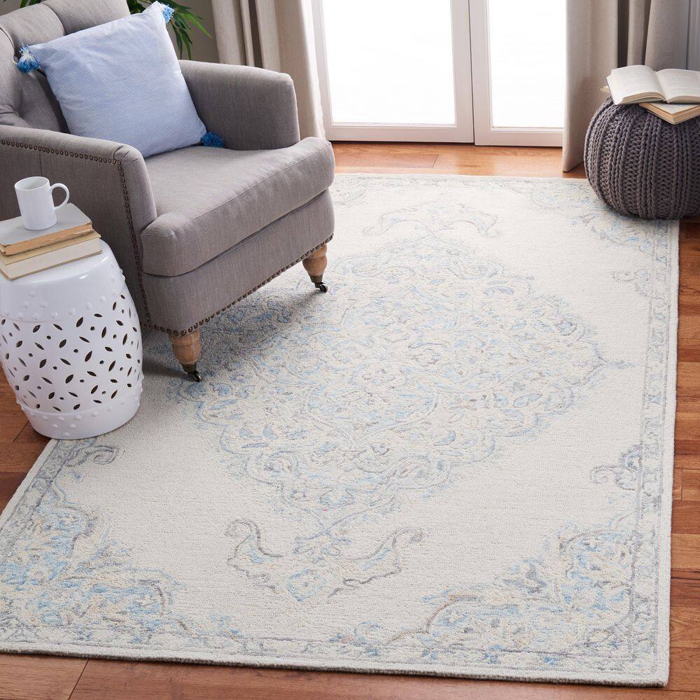 Ivory and Blue Handmade Wool Tufted Square Rug 5'