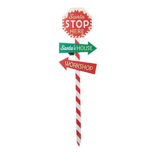 41.75 in. H Lighted Wooden Santa Stop Here Yard Stake Christmas Yard Decor (KD)
