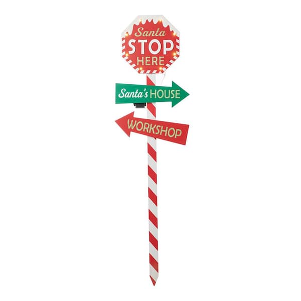 Glitzhome 41.75 in. H Lighted Wooden Santa Stop Here Yard Stake ...