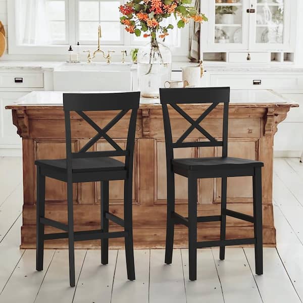 cozyman 24 in. Black Wood Bar Stool, Counter Chair (Set of 2)