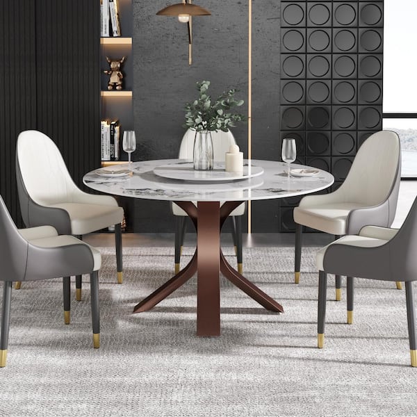 J&E Home Pandora White Marble 59 in. Pedestal Dining Table Seats 8 with Lazy Susan