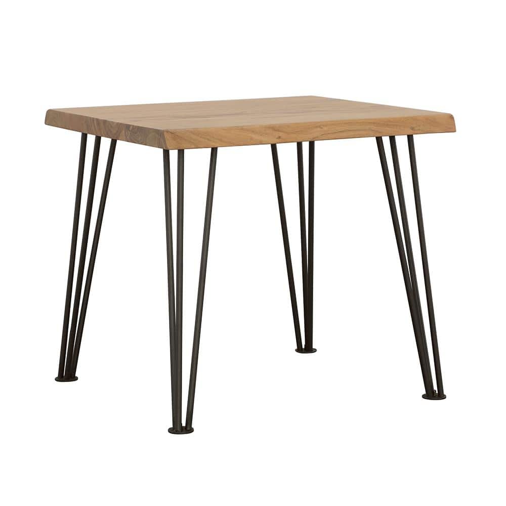 Acacia Wood and Black Metal Square End Table with Hairpin Legs