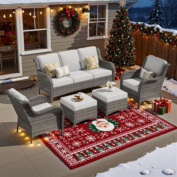 Clario 5-Piece Wicker Outdoor Furniture Patio Conversation Seating Set with Gray Cushion & Ottomans for Backyard, Deck