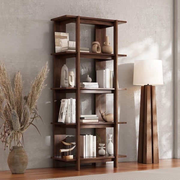 Olga 70.2 in. Tall Walnut Finish Wood 4-Shelf Standard Bookcase Modern Display Bookshelf with Open Back Storage
