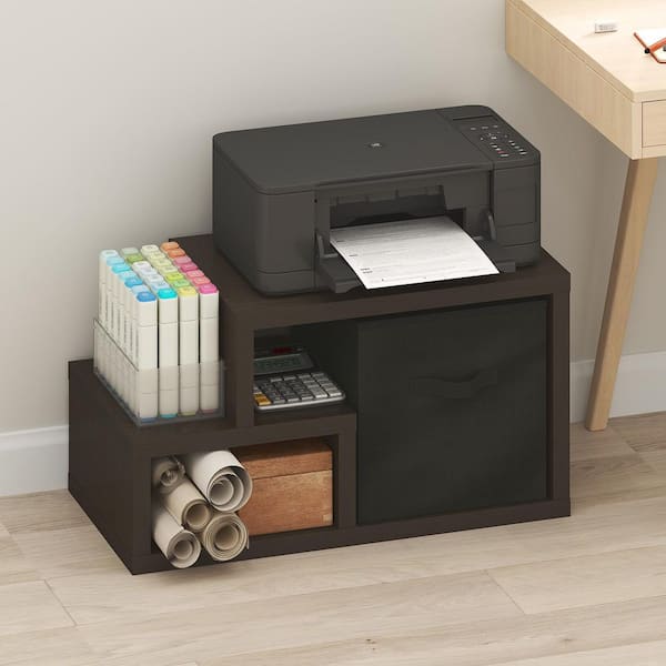 Viola 16.06 in. Tall Dark Oak/Black Wood 2-Shelf Standard Bookcase with Storage Bin