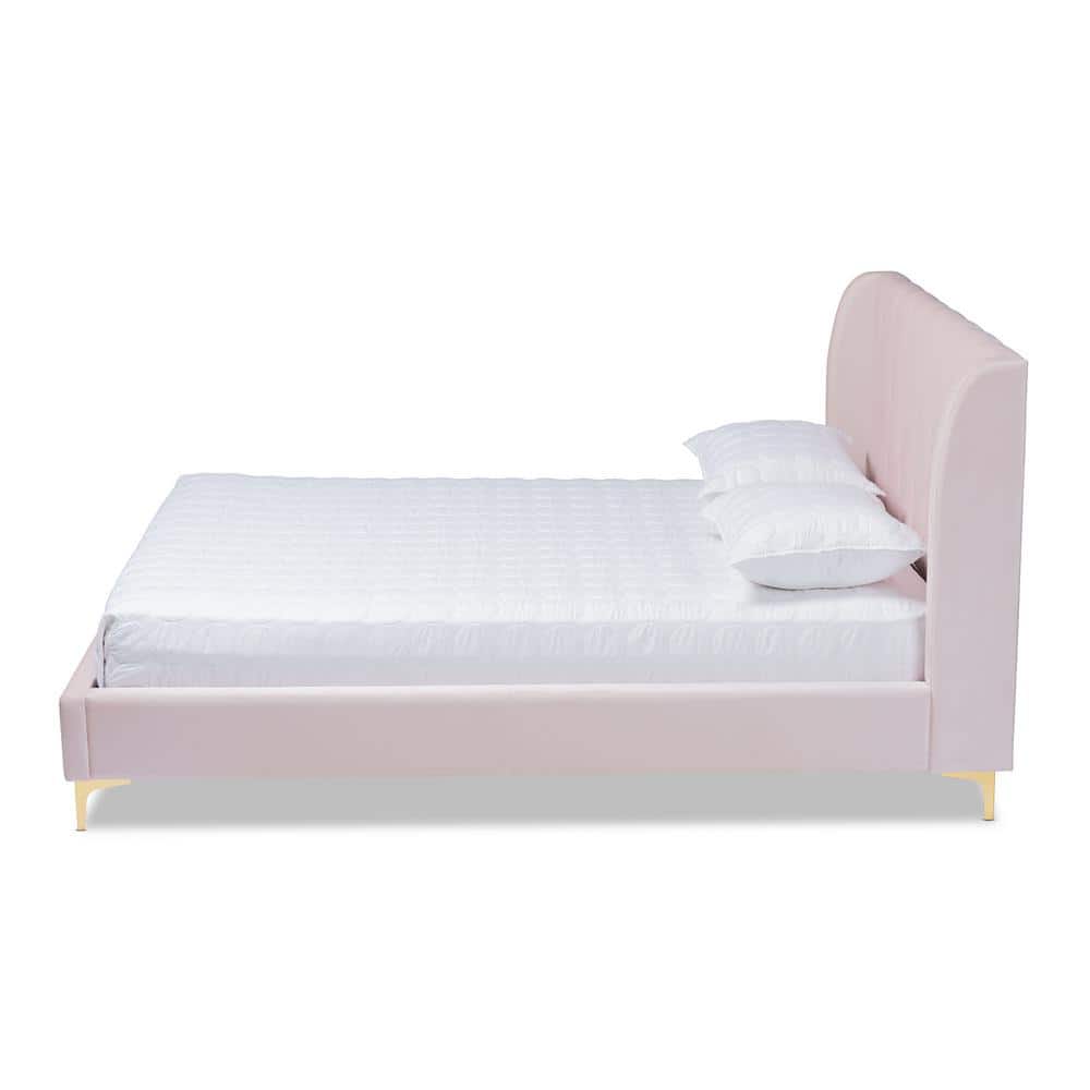 Light Pink Velvet Upholstered Queen Platform Bed with Gold Legs